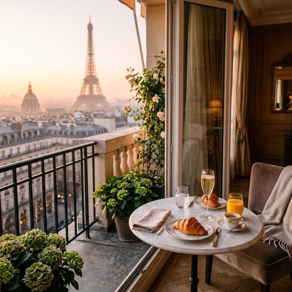 Elegant Parisian Terrace Balcony at Sunrise